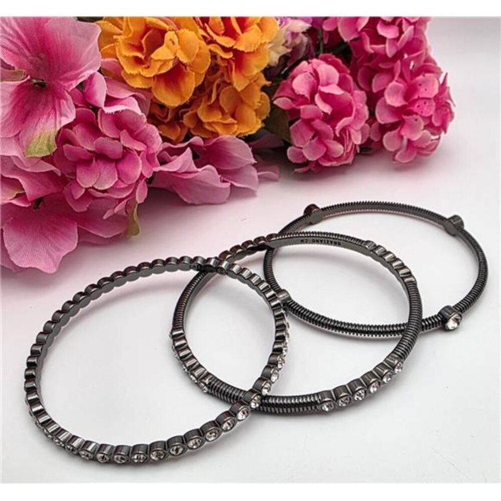 Graziano 3 Bangle Bracelet Set Gunmetal Tone Clear CZ Accent 8.5" Signed
